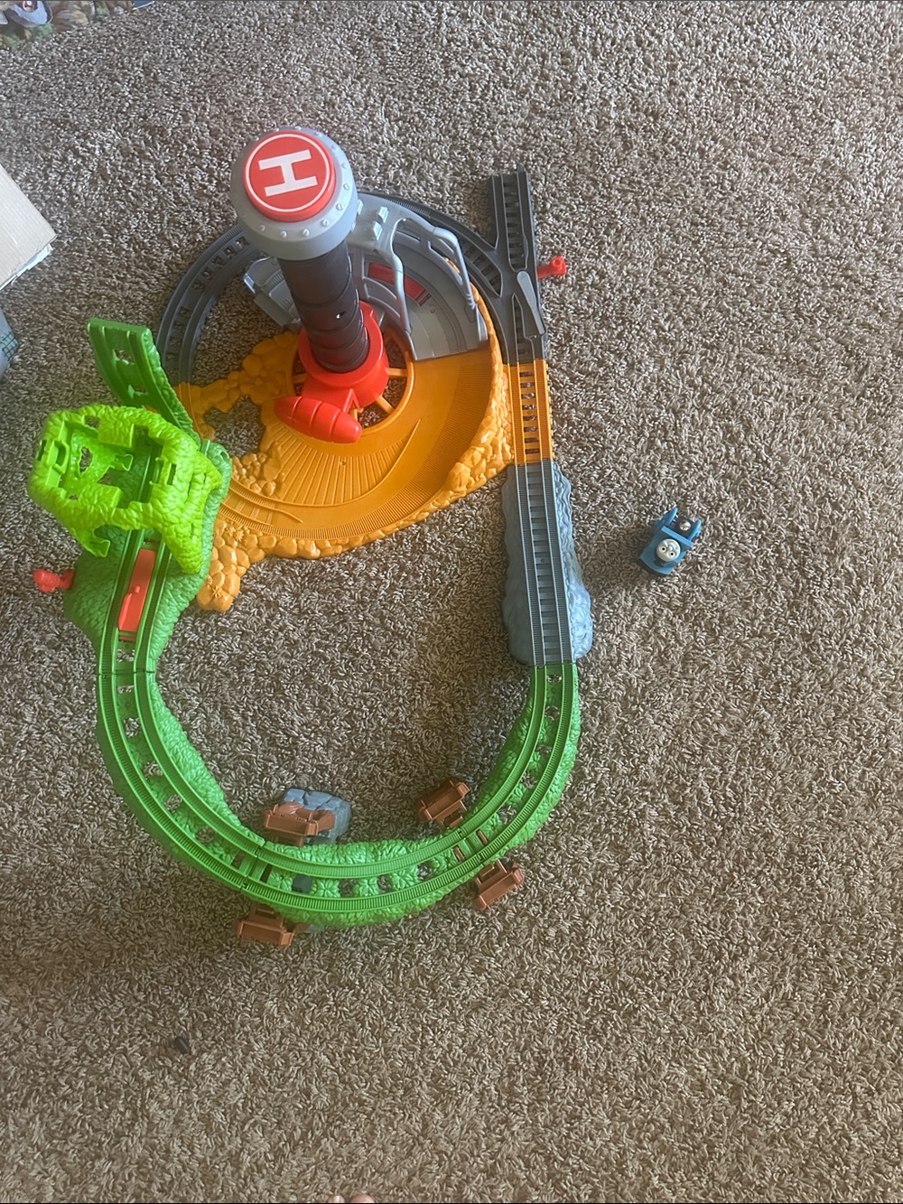 Green and Orange Kids Train Playset with Helicopter Pad